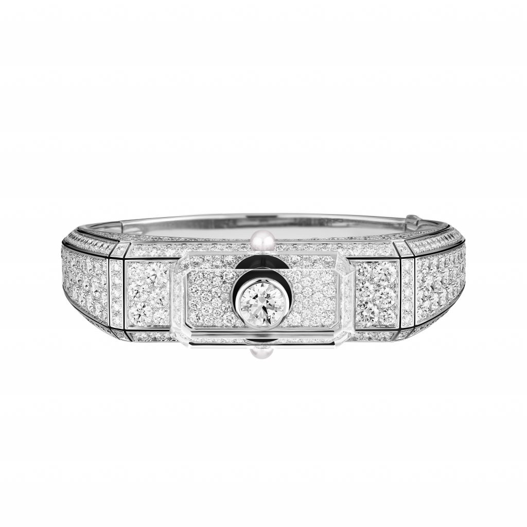 Bracelet DIAMOND STOPPER en or blanc, diamants, perles de culture, cristal de roche et onyx. 