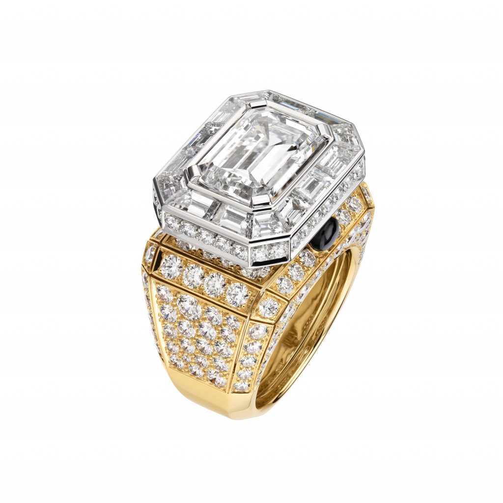 Bague DIAMOND STOPPER en or jaune, platine, diamants et onyx. 